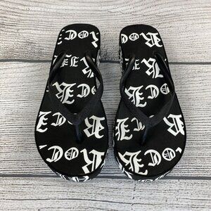 Rock Wedged Sandals Women Size 8 Slip On Open Toe Thong Shoes - Black & White